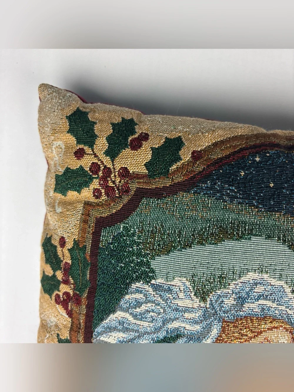 Vintage Tapestry Throw Pillow Christianity Woven Mary Joseph Jesus Nativity